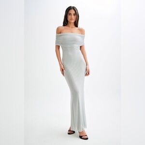 Meshki Arna Off Shoulder Diamante Maxi Dress - Silver